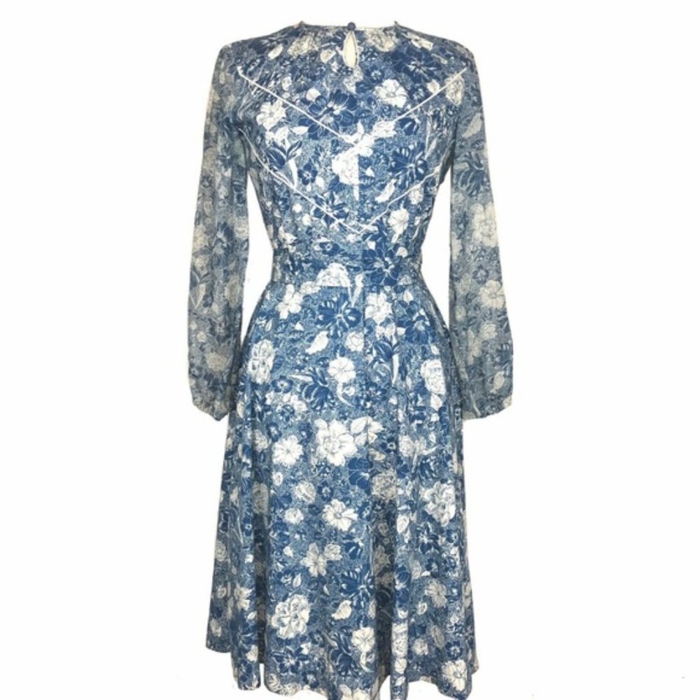 Vintage 70's Bleeker Street Floral Tie Waist Long Sleeve A-line Dress 10